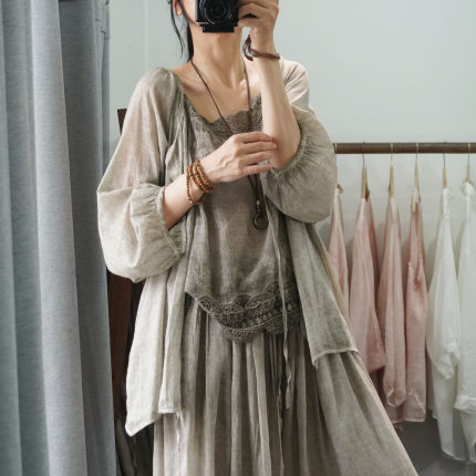 晨语 高品质纯苎麻休闲宽松开衫2026夏新款薄外套七分袖上衣衬衣