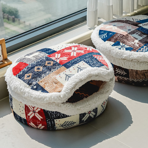 复古防寒全封闭式圣诞麋鹿猫窝