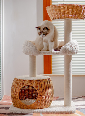 Double猫窝日式猫爬架猫树一体小型猫架藤编跳台不占地省空间冬天