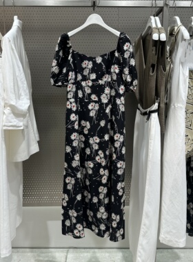 商场同款淑女风方领黑色短袖小雏菊印花雪纺连衣裙125240C7027