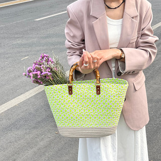 原创大容量编织包包女士时尚竹节手提菜篮子包法式棉绳撞色托特包