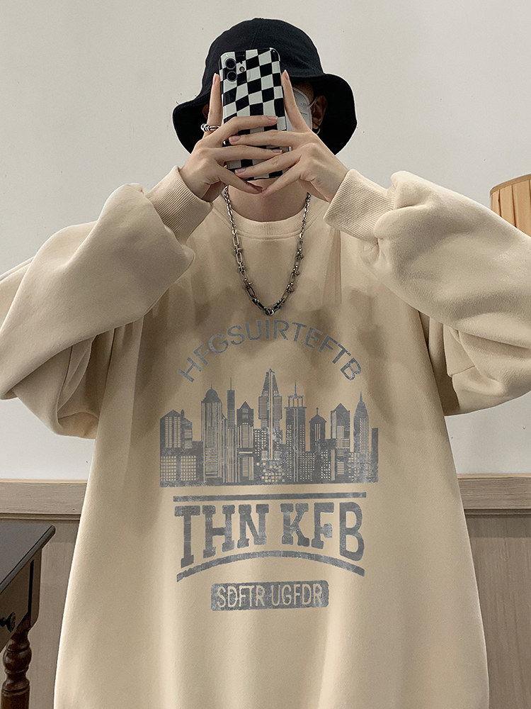 봄 가을 남성용 아메리칸 헤비급 라운드 넥 화이트 스웨트 셔츠 새로운 복고풍 트렌디 브랜드 캐주얼 플러스 사이즈 남아용 상의