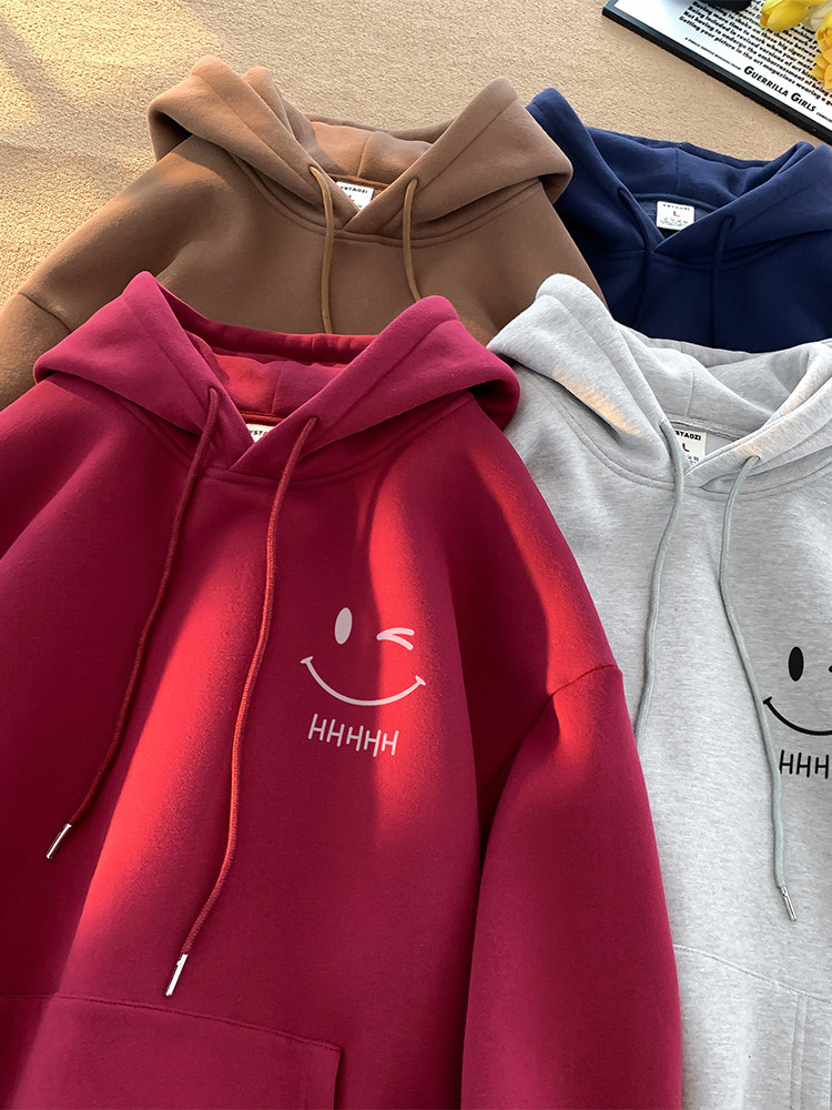 웃는 얼굴 후드 티셔츠 남성 봄 가을 겨울 2024 새로운 트렌디 브랜드 헤비 루즈 플러스 벨벳 소년 코트 탑 의류