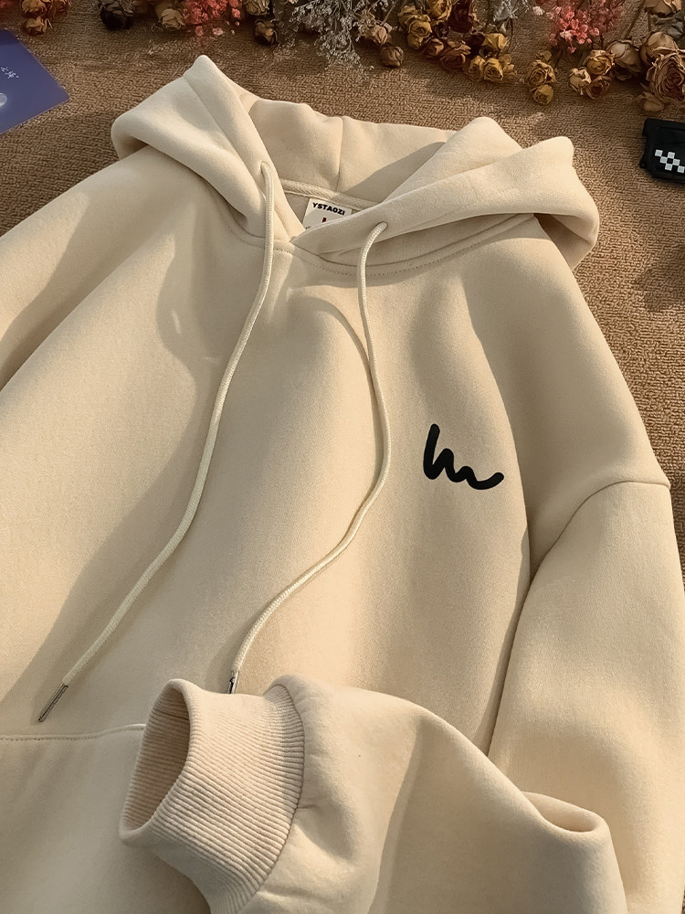 남성용 살구 후드 티셔츠 봄 가을 겨울 2024 새로운 미국 유행 브랜드 소년 용 헤비 플러스 벨벳 두꺼운 캐주얼 재킷