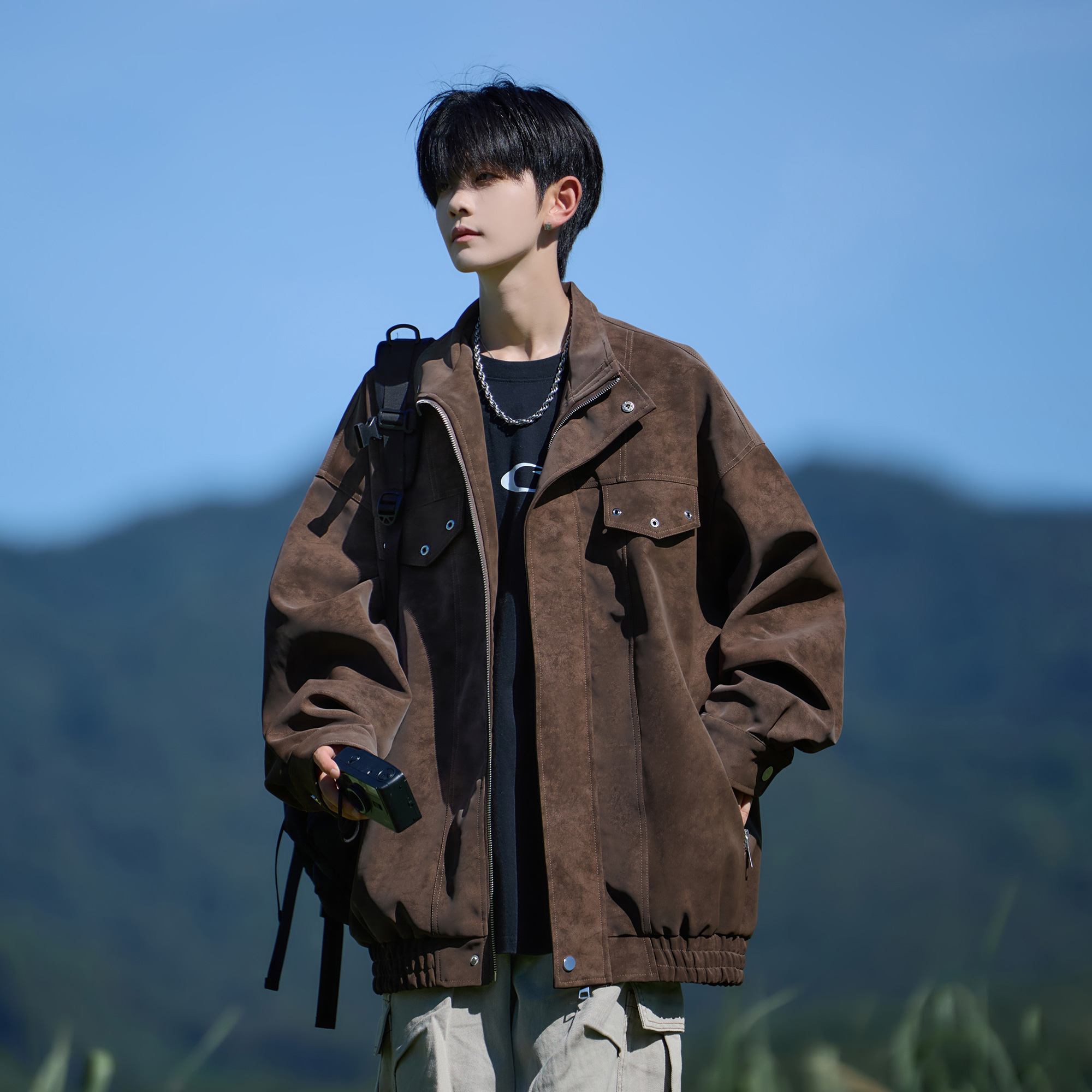 VUUG美式扎染PU皮翻领外套男春秋冬季新款潮牌宽松男生工装风夹克