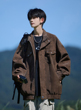 VUUG美式扎染PU皮翻领外套男春秋冬季新款潮牌宽松男生工装风夹克