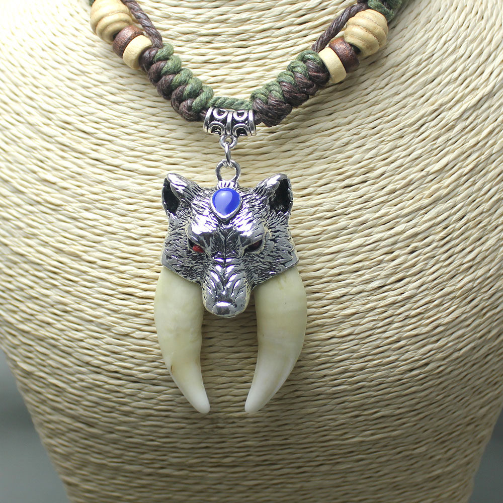 霸气双牙狼牙项链 纯银防开裂真狗牙吊坠配粗项链绳 男士藏银项链