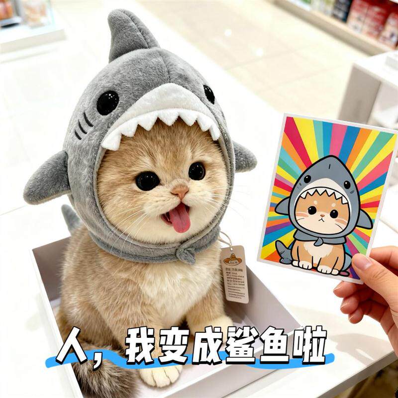 猫咪帽子宠物可爱鲨鱼毛绒头套保暖猫狗兔可调节松紧恶搞拍照变装