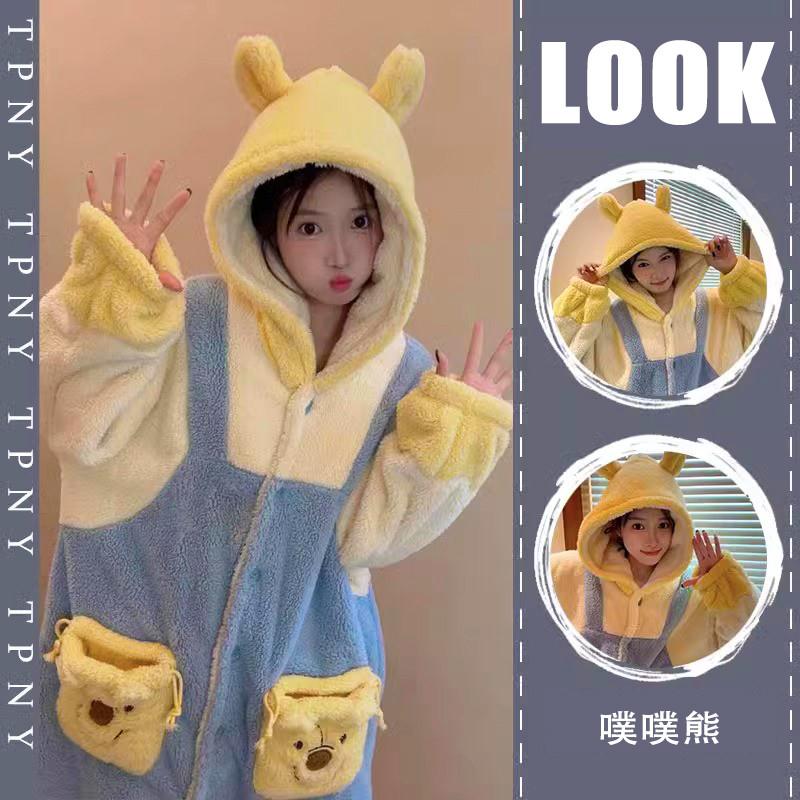 噗噗熊睡衣女秋冬季珊瑚绒睡袍冬天加厚加绒可爱法兰绒浴袍家居服