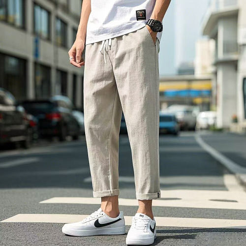 纯亚麻九分裤夏季男士休闲裤宽松