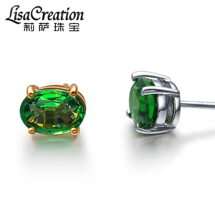2克拉沙弗莱石透辉石耳钉耳坠女18k玫瑰金彩色宝石耳环