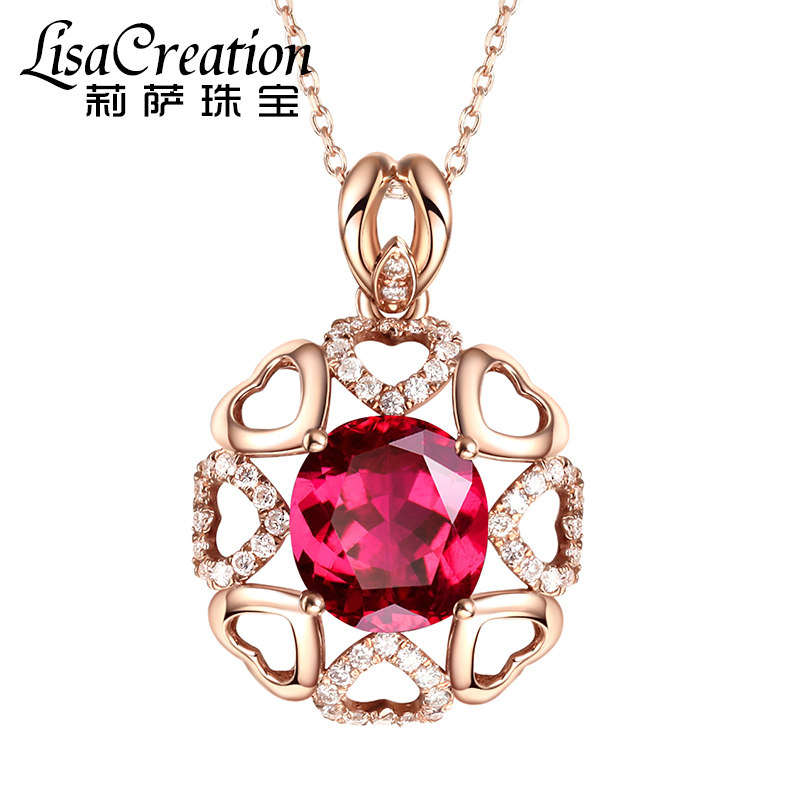 莉萨珠宝 1.67克拉鸽血红碧玺吊坠女18k金钻石宝石项坠 天然彩宝