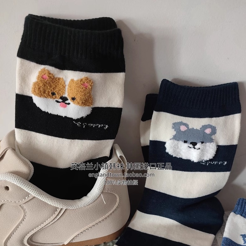 进口韩国正品东大门小狗图案白色蝴蝶结中筒袜女可爱卡通秋冬