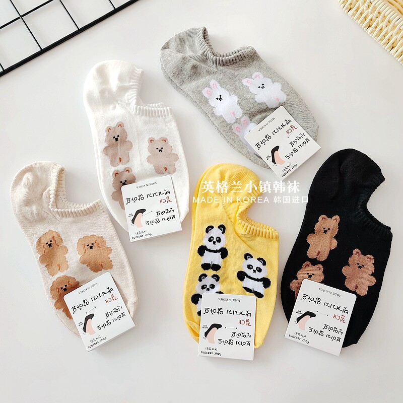 进口韩国可爱熊猫小狗兔子小熊船袜潮不掉跟女棉隐形袜三双包邮