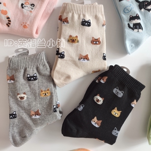 进口韩国东大门小猫咪中筒女袜子可爱春秋冬卡通棉质萌宠动物潮款