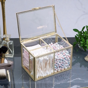 轻奢复古玻璃防尘化妆棉收纳盒棉签整理盒透明梳妆台桌面收纳棉签