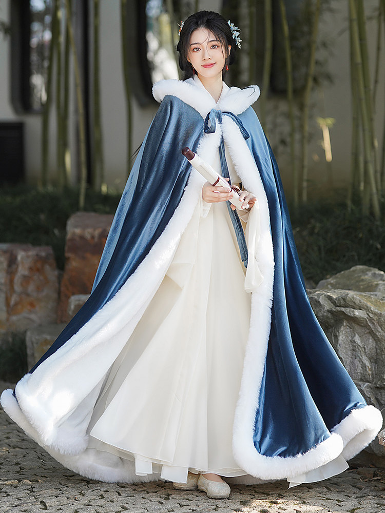 Синяя взрослая шаль-плащ Hanfu, женский зимний китайский стиль, плюс бархатный утолщенный древний костюм, длинный плащ-куртка, новинка 2025 года, стиль Изображение 1