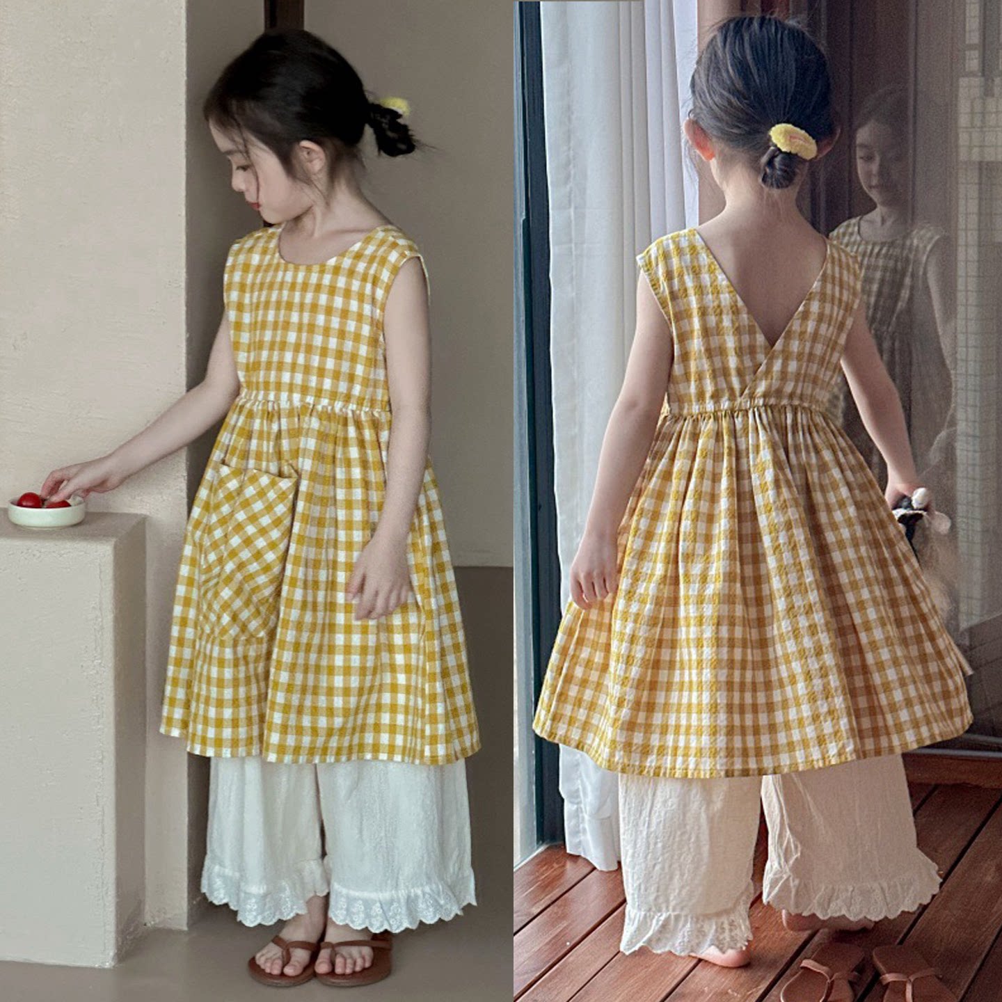 2026新款女童无袖连衣裙女宝叠穿黄格子背心裙花边直筒裤两件套装