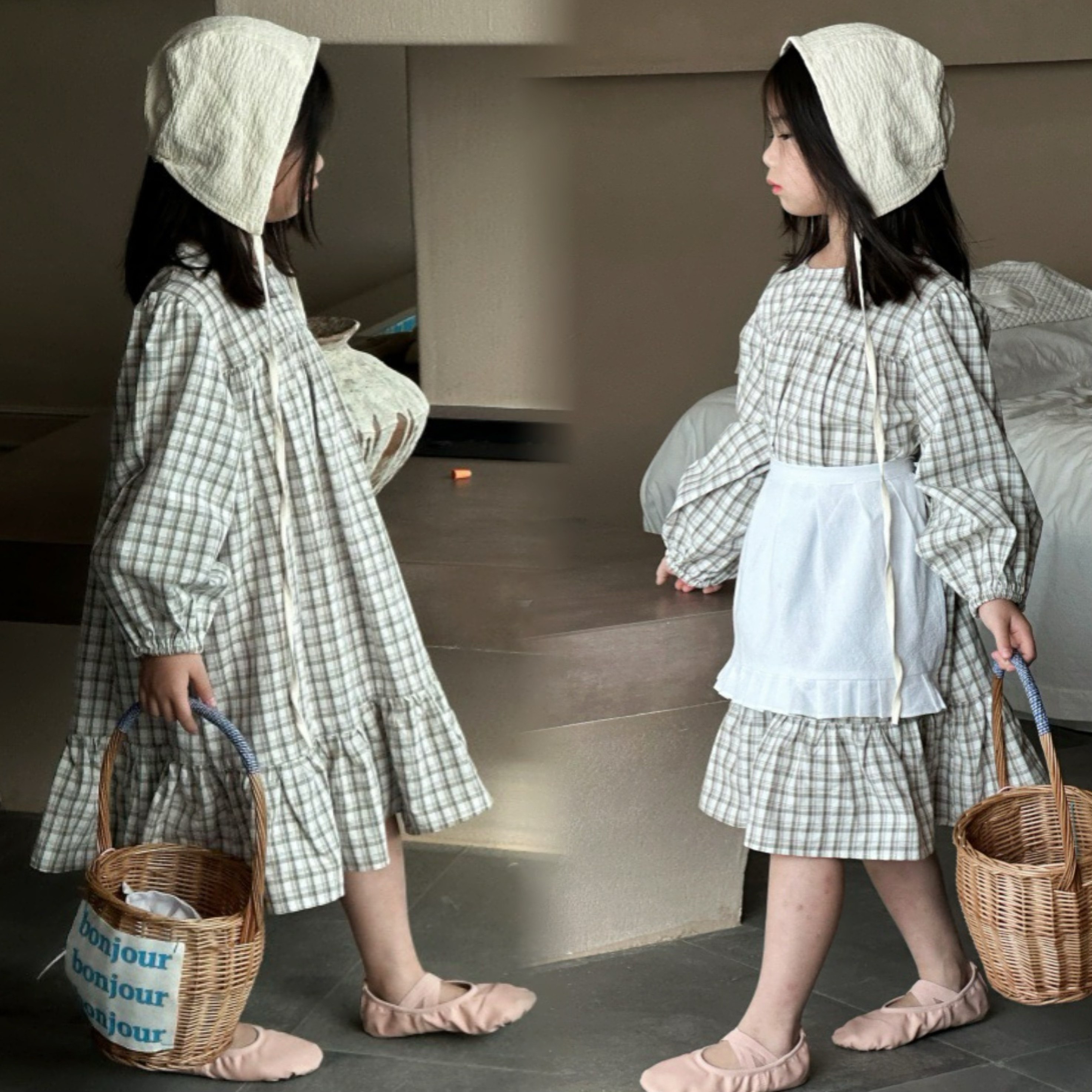 2025秋季新款女童韩系纯棉格子连衣裙儿童围裙套装印花公主棉布裙