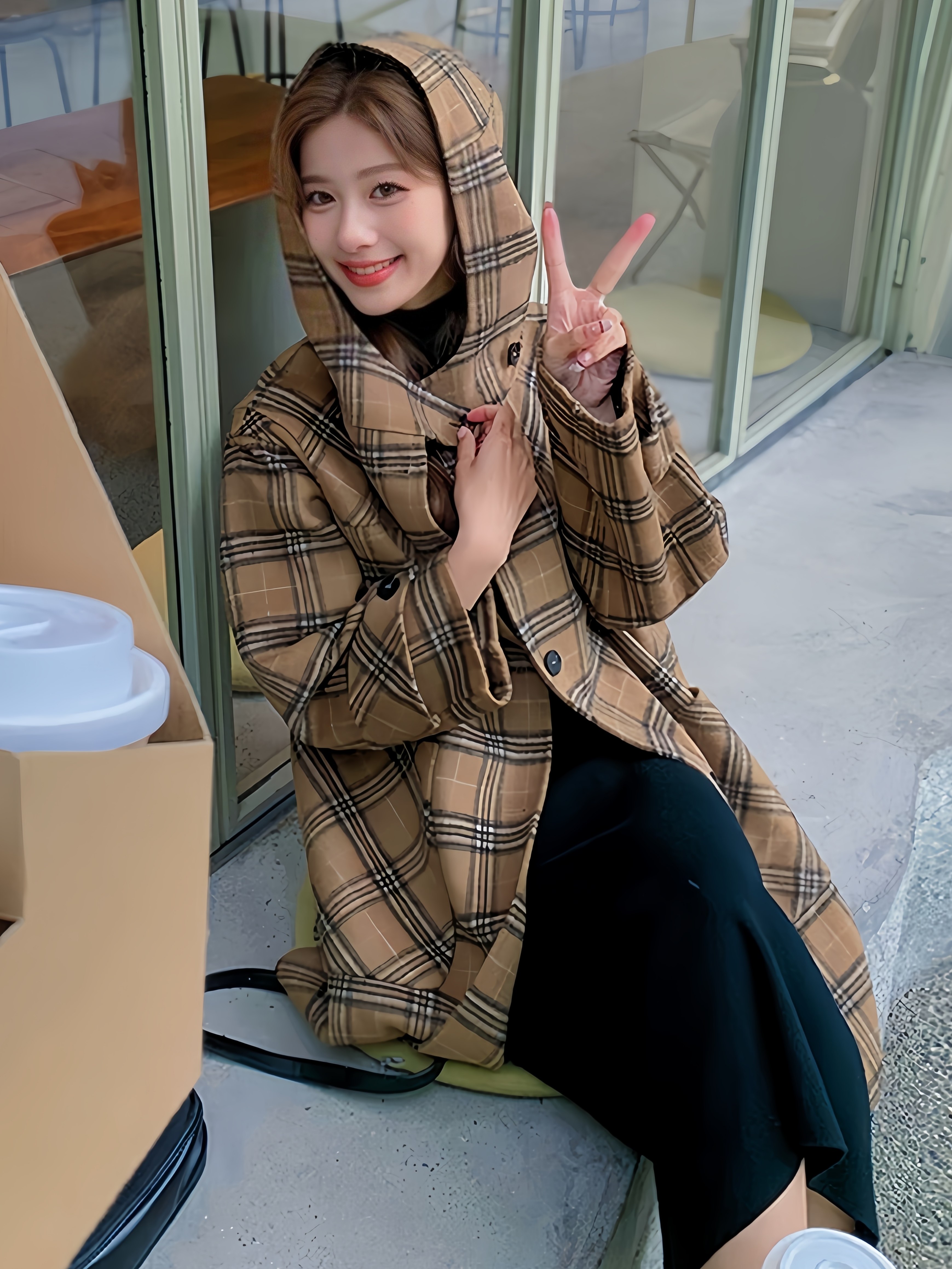 格子双面羊绒大衣女2024高级感连帽小个子中长款春秋羊毛呢子外套
