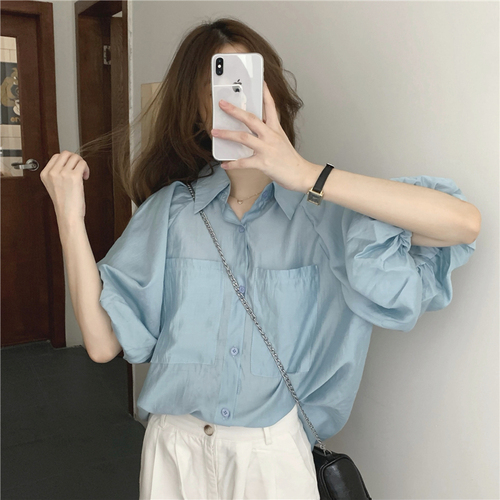 Real price!  French retro puff sleeve top women's summer Korean design sense niche solid color short-sleeved shirt