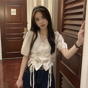 RM9781#法式复古V领抽绳设计感短袖衬衫女小众别致蕾丝百搭上衣