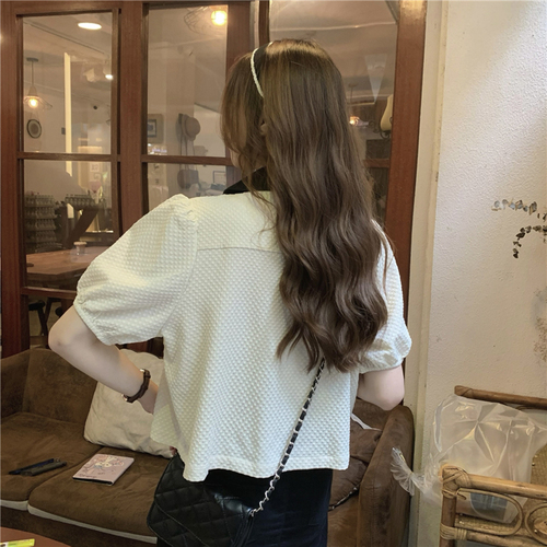 Real price! 2022 summer thin bubble sleeve stand collar top design sense of minority short sleeve shirt