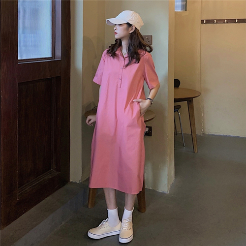 Real price Korean version simple polo collar shirt skirt loose and thin straight skirt medium length dress