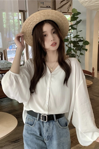 Real price V-neck single breasted silk cotton comfortable Korean version simple temperament thin loose long sleeved shirt