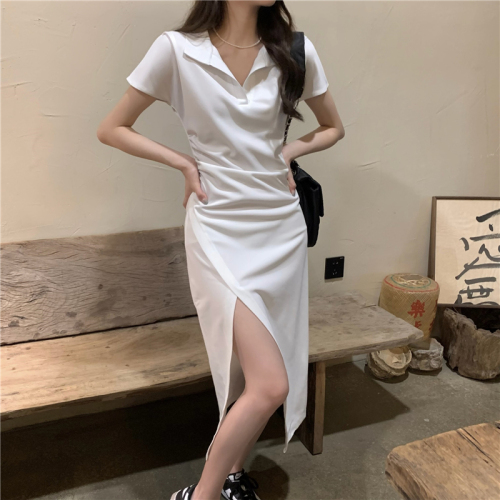 Real price white polo collar dress Korean version slim slim irregular split buttock dress