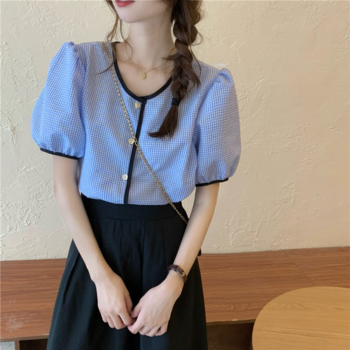 A-line skirt with thin high waist and French contrast round neck Bubble Sleeve Plaid Shirt