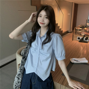 RM9782#韩版小个子短款翻领泡泡袖衬衫夏季小众设计感显瘦上衣