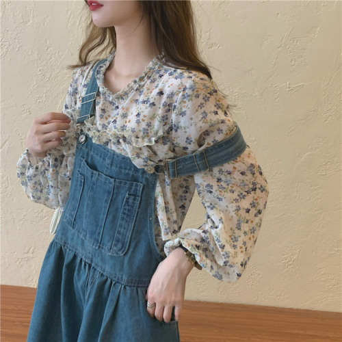 Real shot real price Korean Ruffle floral shirt + versatile age reducing high waist loose denim strap skirt