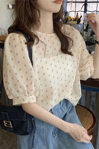 Real price loose Chiffon print top Korean retro round neck floral bubble sleeve shirt