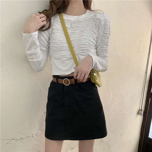 Real price! Korean simple pleated elastic short road navel temperament versatile slim T-shirt