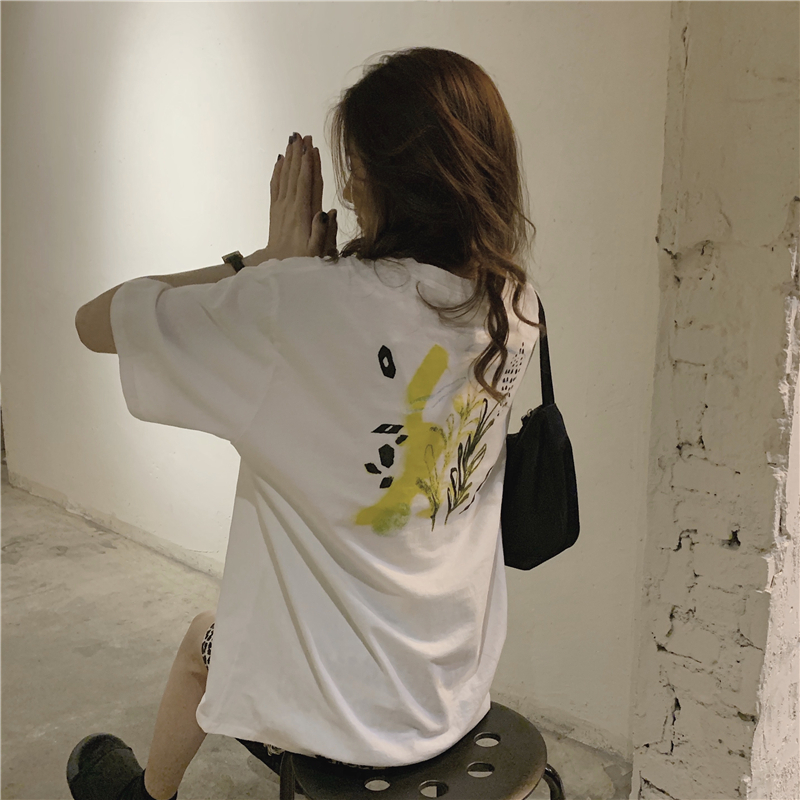 Real price! Korean retro back simple plant hand painted T-shirt loose and versatile short sleeve top