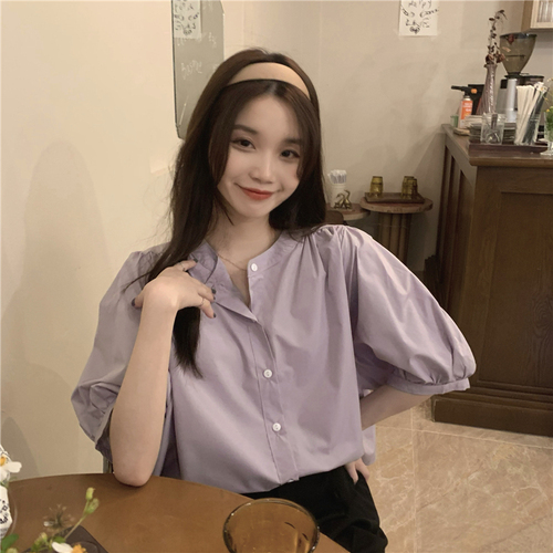 Real price! Purple bubble sleeve hem curved shirt Korean loose small fresh sweet shirt