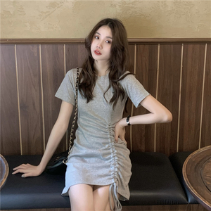 RM9779#纯欲辣妹设计感裙子女修身显瘦包臀短裙抽褶短袖T恤裙