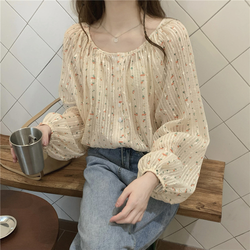 Real shot!  Spring and summer design stitching sequined floral shirt women's Korean style loose single-breasted long-sleeved top