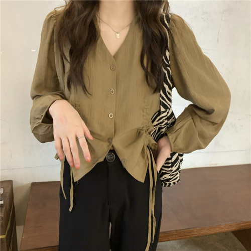 Real price! 2022 design sense niche solid color shirt women's French drawstring V-Neck long sleeve shirt