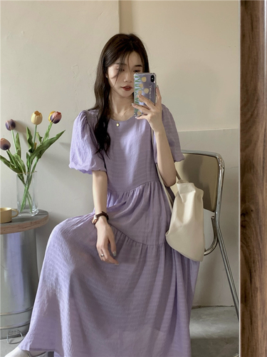 Real price! Purple bubble sleeve dress women's Korean Retro High Waist loose short sleeve pleated long skirt