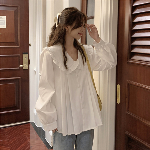 Real price! Korean Ruffle shirt vintage loose long sleeve top White Baby collar shirt