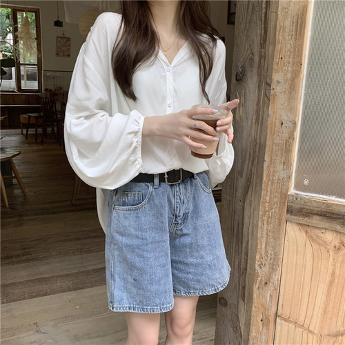 Real price V-neck single breasted silk cotton comfortable Korean version simple temperament thin loose long sleeved shirt