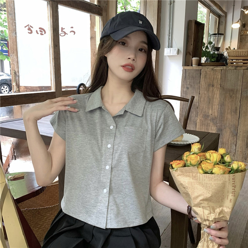 Real price black polo collar short sleeve T-shirt women's Korean version simple design sense versatile short top