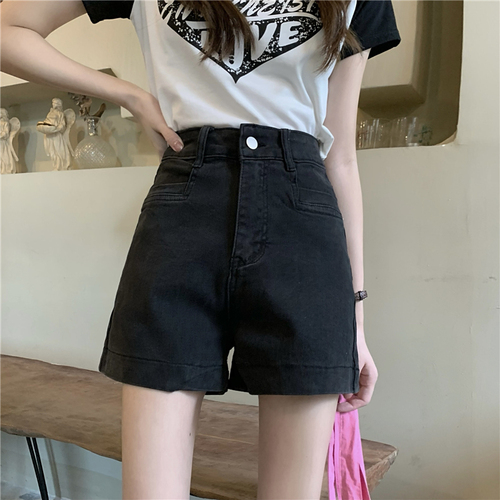 Real price retro versatile charcoal black denim shorts Korean high waist thin sweet cool wide leg hot pants