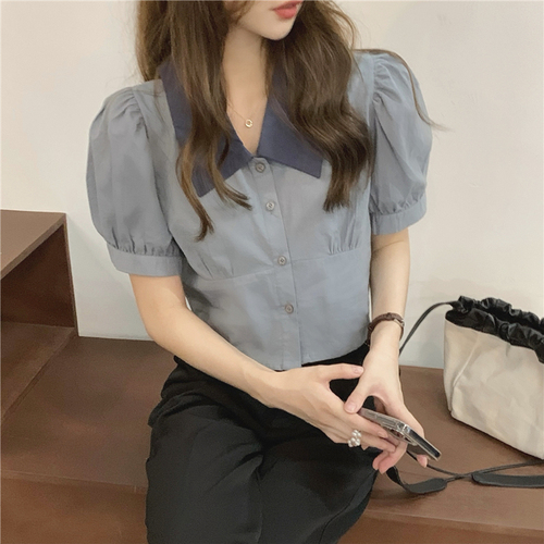 Real price! Korean bubble sleeve short shirt design feeling contrast Lapel niche French top