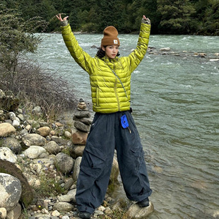 复古情侣棉服 户外轻薄美式 卡盛草绿色连帽羽绒服女2026秋冬季 新款