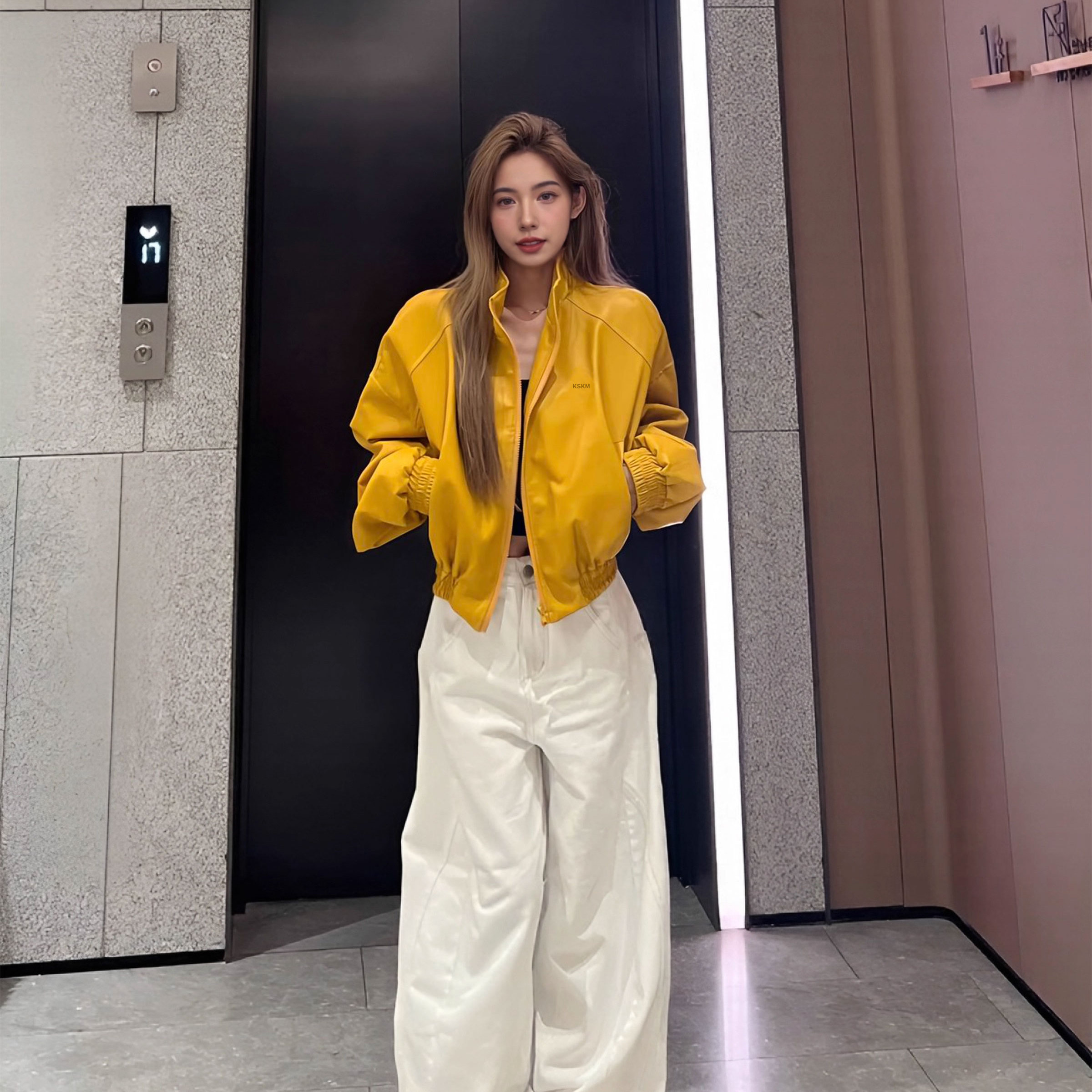 卡盛黄色美式复古皮衣外套