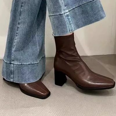 短靴女高跟2025年秋冬新款粗跟法式方头瘦瘦靴百搭复古风棕色短靴
