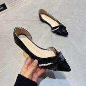 女2024年夏季 新款 韩版 软皮软底尖头单鞋 浅口侧空珍珠蝴蝶结瓢鞋 子